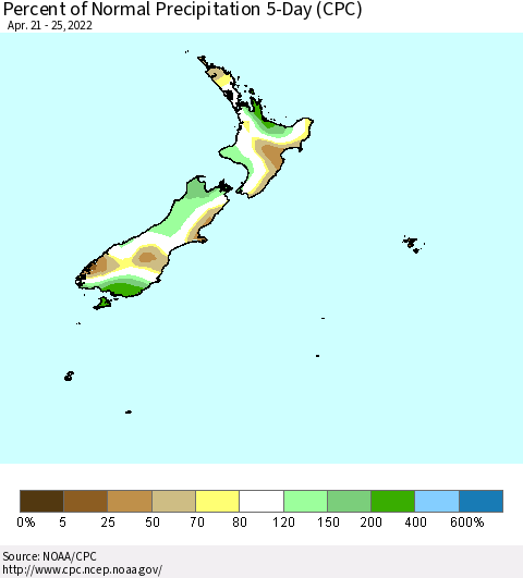 New Zealand Percent of Normal Precipitation 5-Day (CPC) Thematic Map For 4/21/2022 - 4/25/2022