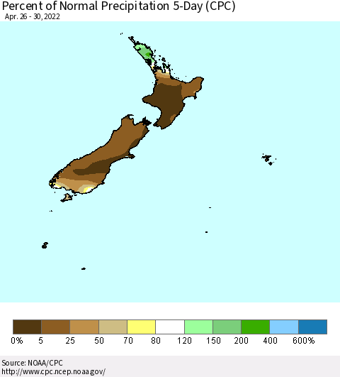 New Zealand Percent of Normal Precipitation 5-Day (CPC) Thematic Map For 4/26/2022 - 4/30/2022