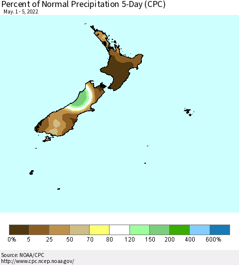 New Zealand Percent of Normal Precipitation 5-Day (CPC) Thematic Map For 5/1/2022 - 5/5/2022