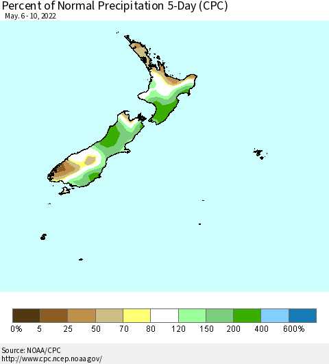 New Zealand Percent of Normal Precipitation 5-Day (CPC) Thematic Map For 5/6/2022 - 5/10/2022
