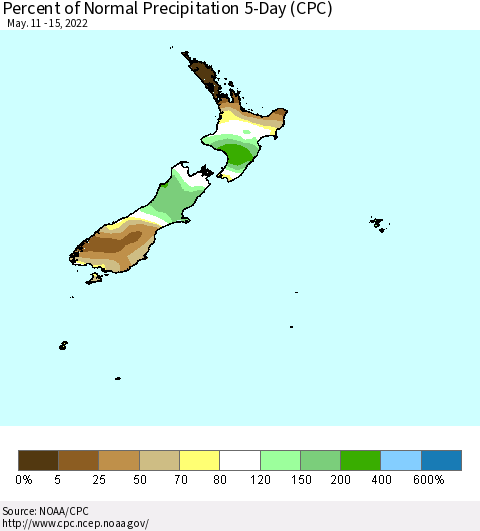 New Zealand Percent of Normal Precipitation 5-Day (CPC) Thematic Map For 5/11/2022 - 5/15/2022