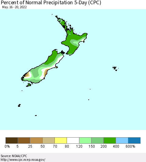 New Zealand Percent of Normal Precipitation 5-Day (CPC) Thematic Map For 5/16/2022 - 5/20/2022