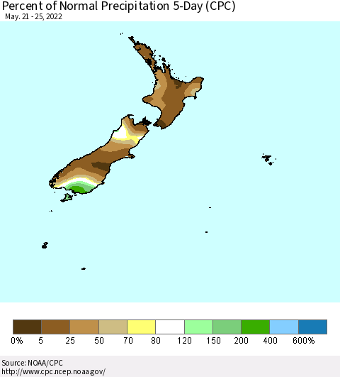 New Zealand Percent of Normal Precipitation 5-Day (CPC) Thematic Map For 5/21/2022 - 5/25/2022