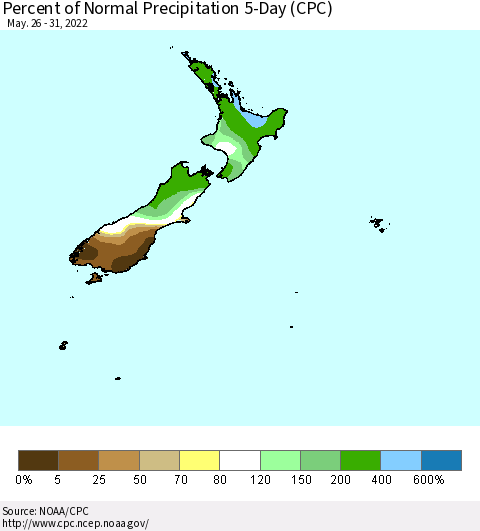 New Zealand Percent of Normal Precipitation 5-Day (CPC) Thematic Map For 5/26/2022 - 5/31/2022