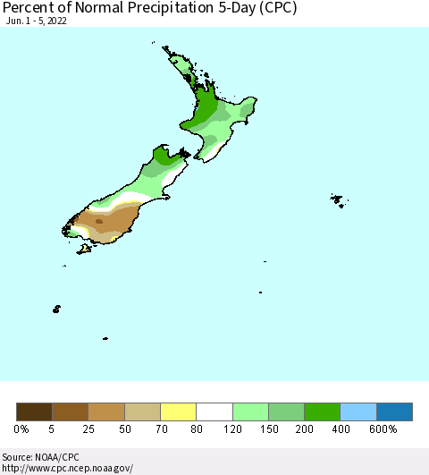 New Zealand Percent of Normal Precipitation 5-Day (CPC) Thematic Map For 6/1/2022 - 6/5/2022
