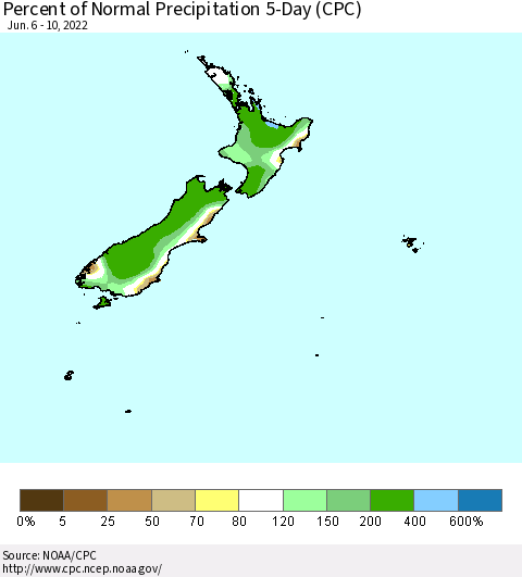 New Zealand Percent of Normal Precipitation 5-Day (CPC) Thematic Map For 6/6/2022 - 6/10/2022