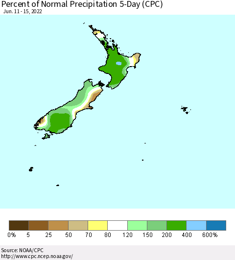 New Zealand Percent of Normal Precipitation 5-Day (CPC) Thematic Map For 6/11/2022 - 6/15/2022