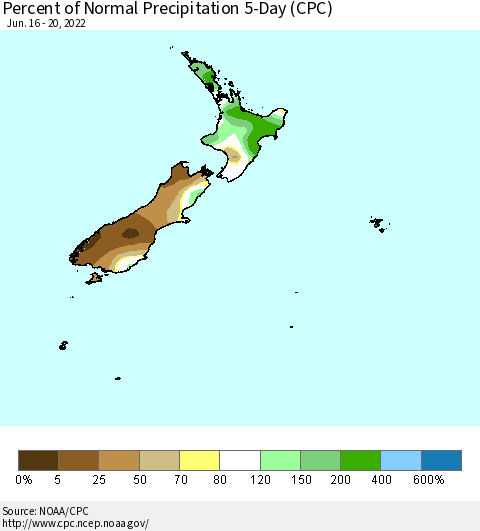 New Zealand Percent of Normal Precipitation 5-Day (CPC) Thematic Map For 6/16/2022 - 6/20/2022