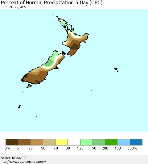 New Zealand Percent of Normal Precipitation 5-Day (CPC) Thematic Map For 6/21/2022 - 6/25/2022