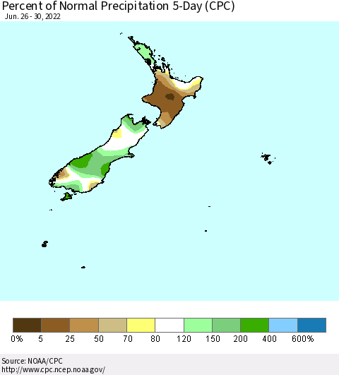 New Zealand Percent of Normal Precipitation 5-Day (CPC) Thematic Map For 6/26/2022 - 6/30/2022