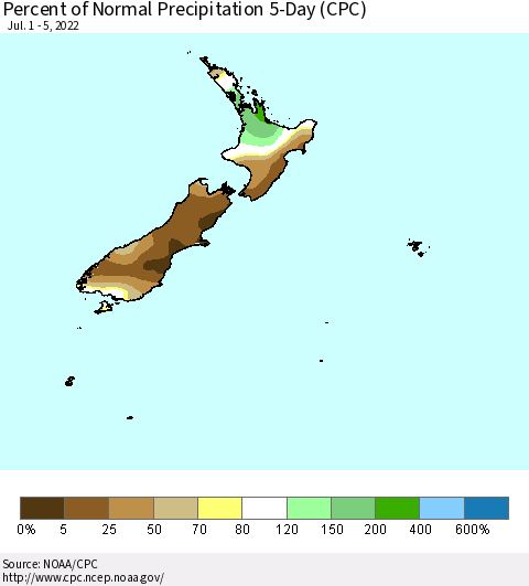 New Zealand Percent of Normal Precipitation 5-Day (CPC) Thematic Map For 7/1/2022 - 7/5/2022