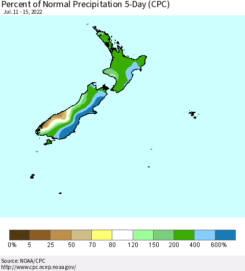 New Zealand Percent of Normal Precipitation 5-Day (CPC) Thematic Map For 7/11/2022 - 7/15/2022