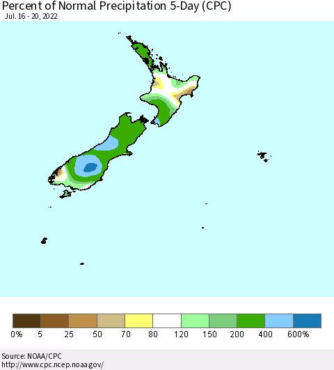 New Zealand Percent of Normal Precipitation 5-Day (CPC) Thematic Map For 7/16/2022 - 7/20/2022