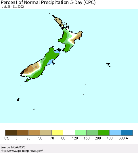 New Zealand Percent of Normal Precipitation 5-Day (CPC) Thematic Map For 7/26/2022 - 7/31/2022