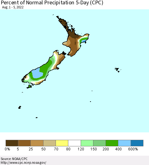 New Zealand Percent of Normal Precipitation 5-Day (CPC) Thematic Map For 8/1/2022 - 8/5/2022