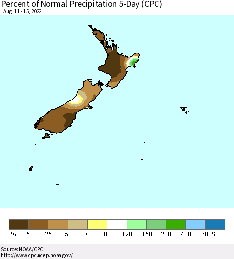New Zealand Percent of Normal Precipitation 5-Day (CPC) Thematic Map For 8/11/2022 - 8/15/2022
