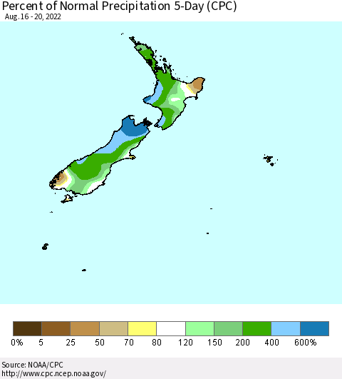 New Zealand Percent of Normal Precipitation 5-Day (CPC) Thematic Map For 8/16/2022 - 8/20/2022