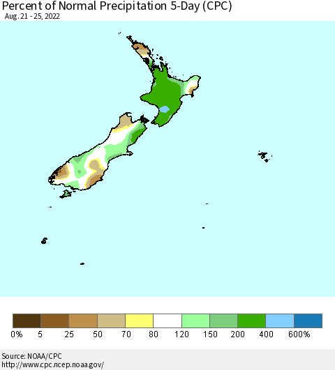 New Zealand Percent of Normal Precipitation 5-Day (CPC) Thematic Map For 8/21/2022 - 8/25/2022