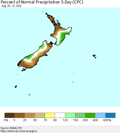 New Zealand Percent of Normal Precipitation 5-Day (CPC) Thematic Map For 8/26/2022 - 8/31/2022