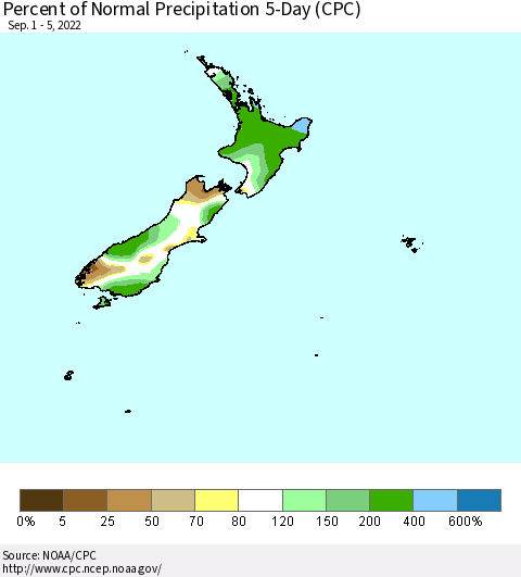 New Zealand Percent of Normal Precipitation 5-Day (CPC) Thematic Map For 9/1/2022 - 9/5/2022