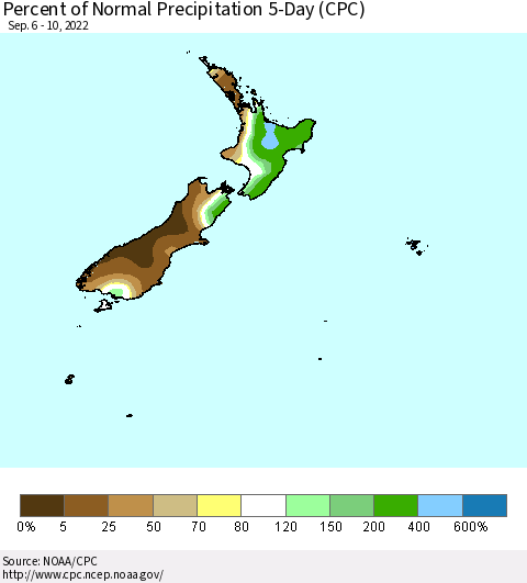New Zealand Percent of Normal Precipitation 5-Day (CPC) Thematic Map For 9/6/2022 - 9/10/2022