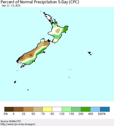 New Zealand Percent of Normal Precipitation 5-Day (CPC) Thematic Map For 9/11/2022 - 9/15/2022