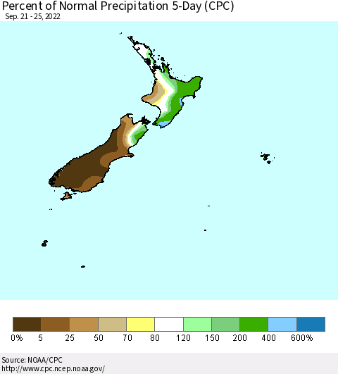 New Zealand Percent of Normal Precipitation 5-Day (CPC) Thematic Map For 9/21/2022 - 9/25/2022