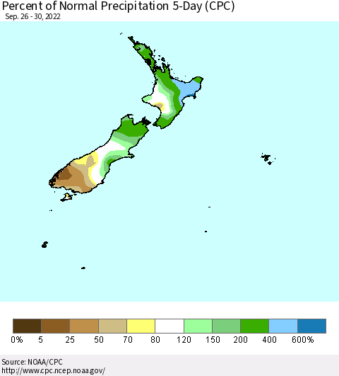 New Zealand Percent of Normal Precipitation 5-Day (CPC) Thematic Map For 9/26/2022 - 9/30/2022