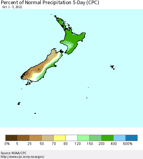 New Zealand Percent of Normal Precipitation 5-Day (CPC) Thematic Map For 10/1/2022 - 10/5/2022