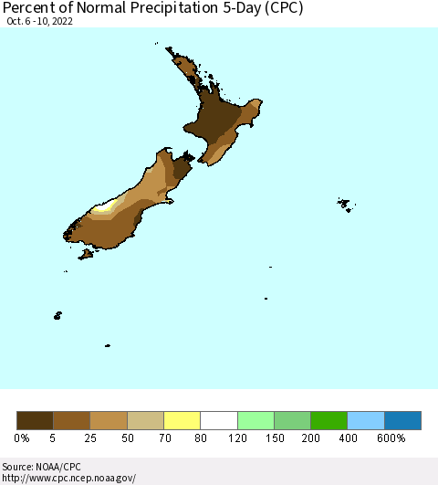 New Zealand Percent of Normal Precipitation 5-Day (CPC) Thematic Map For 10/6/2022 - 10/10/2022