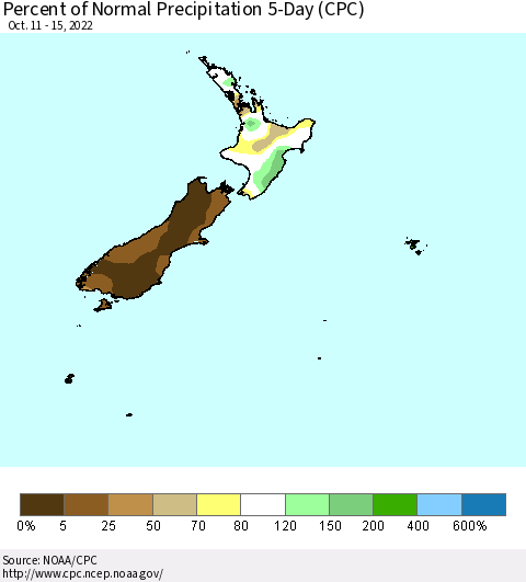 New Zealand Percent of Normal Precipitation 5-Day (CPC) Thematic Map For 10/11/2022 - 10/15/2022