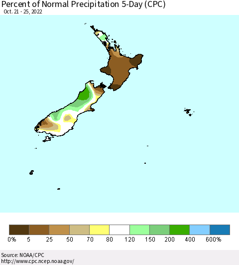 New Zealand Percent of Normal Precipitation 5-Day (CPC) Thematic Map For 10/21/2022 - 10/25/2022