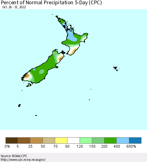 New Zealand Percent of Normal Precipitation 5-Day (CPC) Thematic Map For 10/26/2022 - 10/31/2022