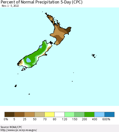 New Zealand Percent of Normal Precipitation 5-Day (CPC) Thematic Map For 11/1/2022 - 11/5/2022