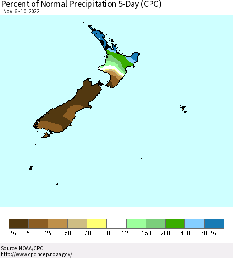 New Zealand Percent of Normal Precipitation 5-Day (CPC) Thematic Map For 11/6/2022 - 11/10/2022