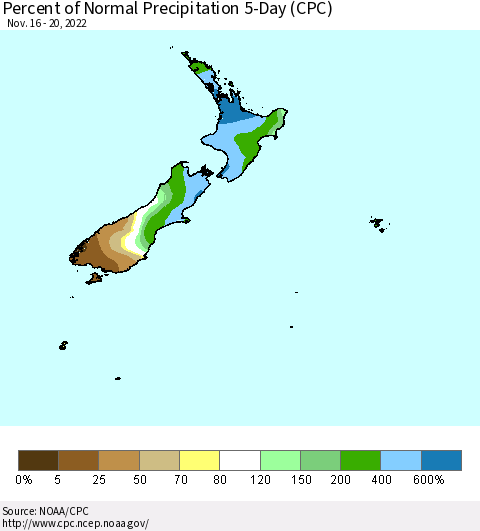 New Zealand Percent of Normal Precipitation 5-Day (CPC) Thematic Map For 11/16/2022 - 11/20/2022