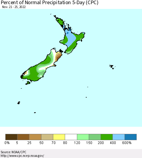 New Zealand Percent of Normal Precipitation 5-Day (CPC) Thematic Map For 11/21/2022 - 11/25/2022