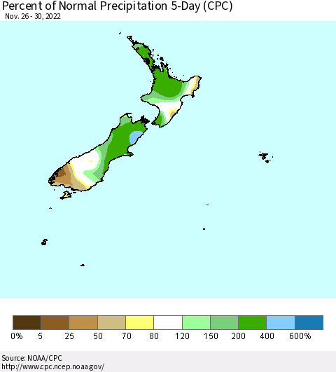 New Zealand Percent of Normal Precipitation 5-Day (CPC) Thematic Map For 11/26/2022 - 11/30/2022