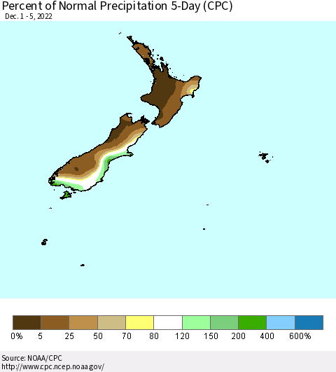 New Zealand Percent of Normal Precipitation 5-Day (CPC) Thematic Map For 12/1/2022 - 12/5/2022