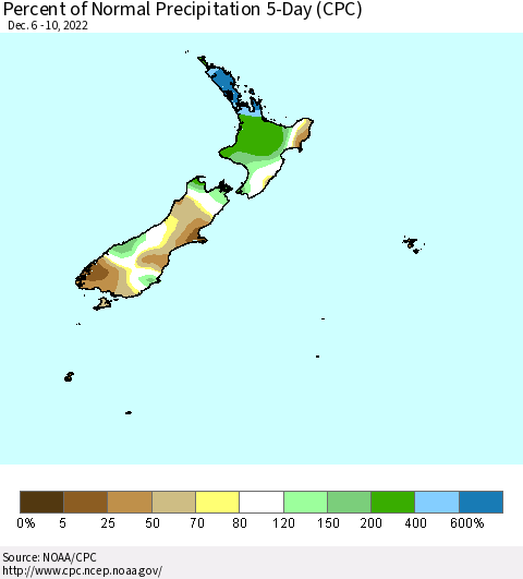 New Zealand Percent of Normal Precipitation 5-Day (CPC) Thematic Map For 12/6/2022 - 12/10/2022