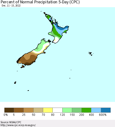 New Zealand Percent of Normal Precipitation 5-Day (CPC) Thematic Map For 12/11/2022 - 12/15/2022