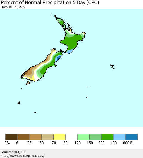 New Zealand Percent of Normal Precipitation 5-Day (CPC) Thematic Map For 12/16/2022 - 12/20/2022