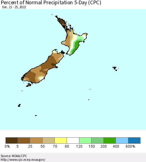 New Zealand Percent of Normal Precipitation 5-Day (CPC) Thematic Map For 12/21/2022 - 12/25/2022