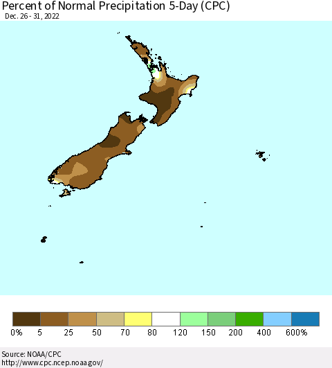 New Zealand Percent of Normal Precipitation 5-Day (CPC) Thematic Map For 12/26/2022 - 12/31/2022