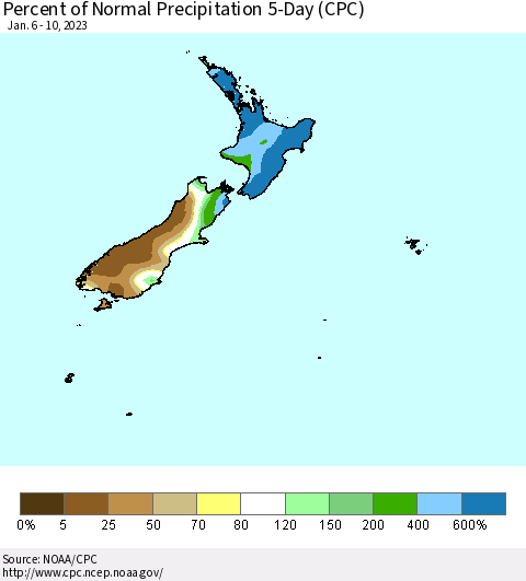 New Zealand Percent of Normal Precipitation 5-Day (CPC) Thematic Map For 1/6/2023 - 1/10/2023