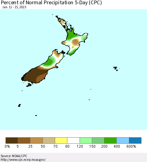 New Zealand Percent of Normal Precipitation 5-Day (CPC) Thematic Map For 1/11/2023 - 1/15/2023