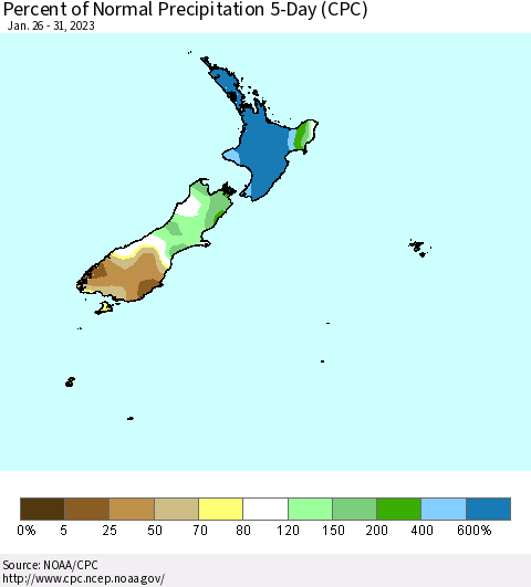 New Zealand Percent of Normal Precipitation 5-Day (CPC) Thematic Map For 1/26/2023 - 1/31/2023