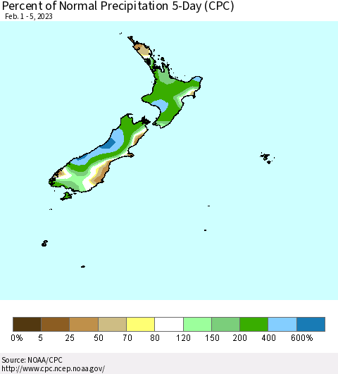 New Zealand Percent of Normal Precipitation 5-Day (CPC) Thematic Map For 2/1/2023 - 2/5/2023