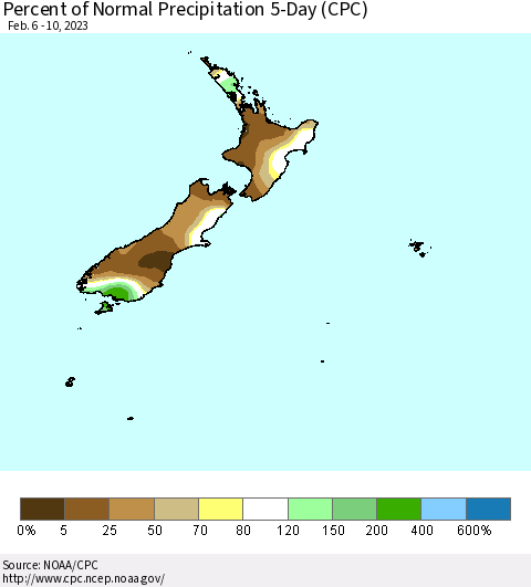 New Zealand Percent of Normal Precipitation 5-Day (CPC) Thematic Map For 2/6/2023 - 2/10/2023