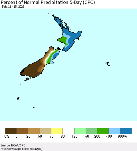 New Zealand Percent of Normal Precipitation 5-Day (CPC) Thematic Map For 2/11/2023 - 2/15/2023